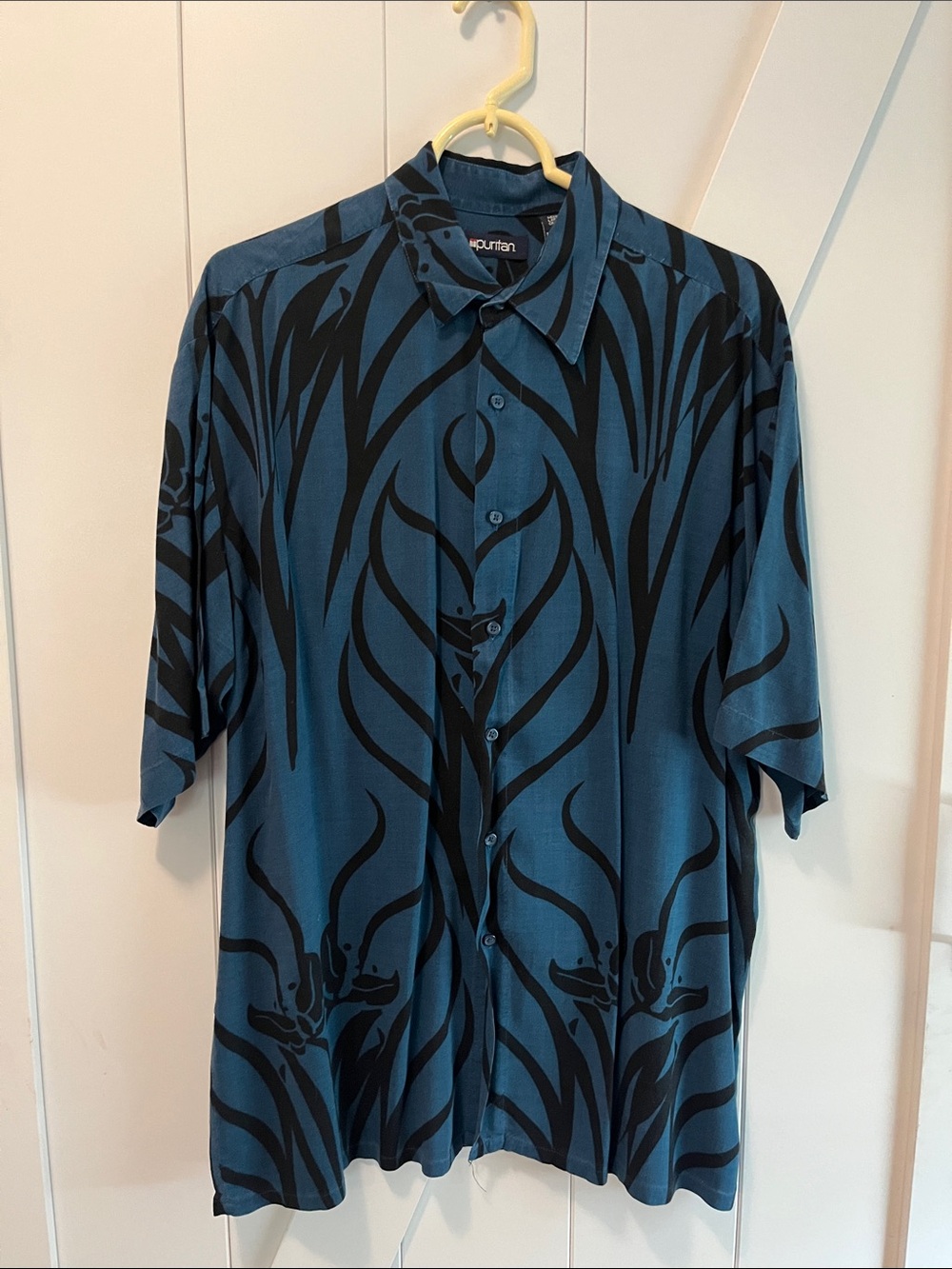 Puritan Blue Short-Sleeve Button-Down Shirt with Black Graphic Print